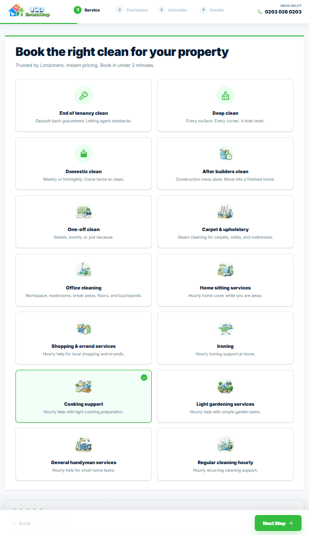 Cleaning service selection screen