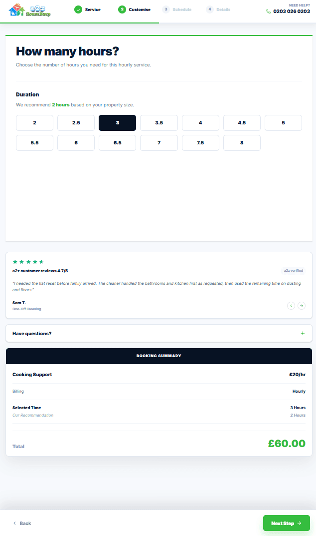 Cleaning schedule and booking summary screen